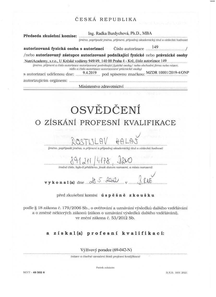 Osvědčení - strana 1